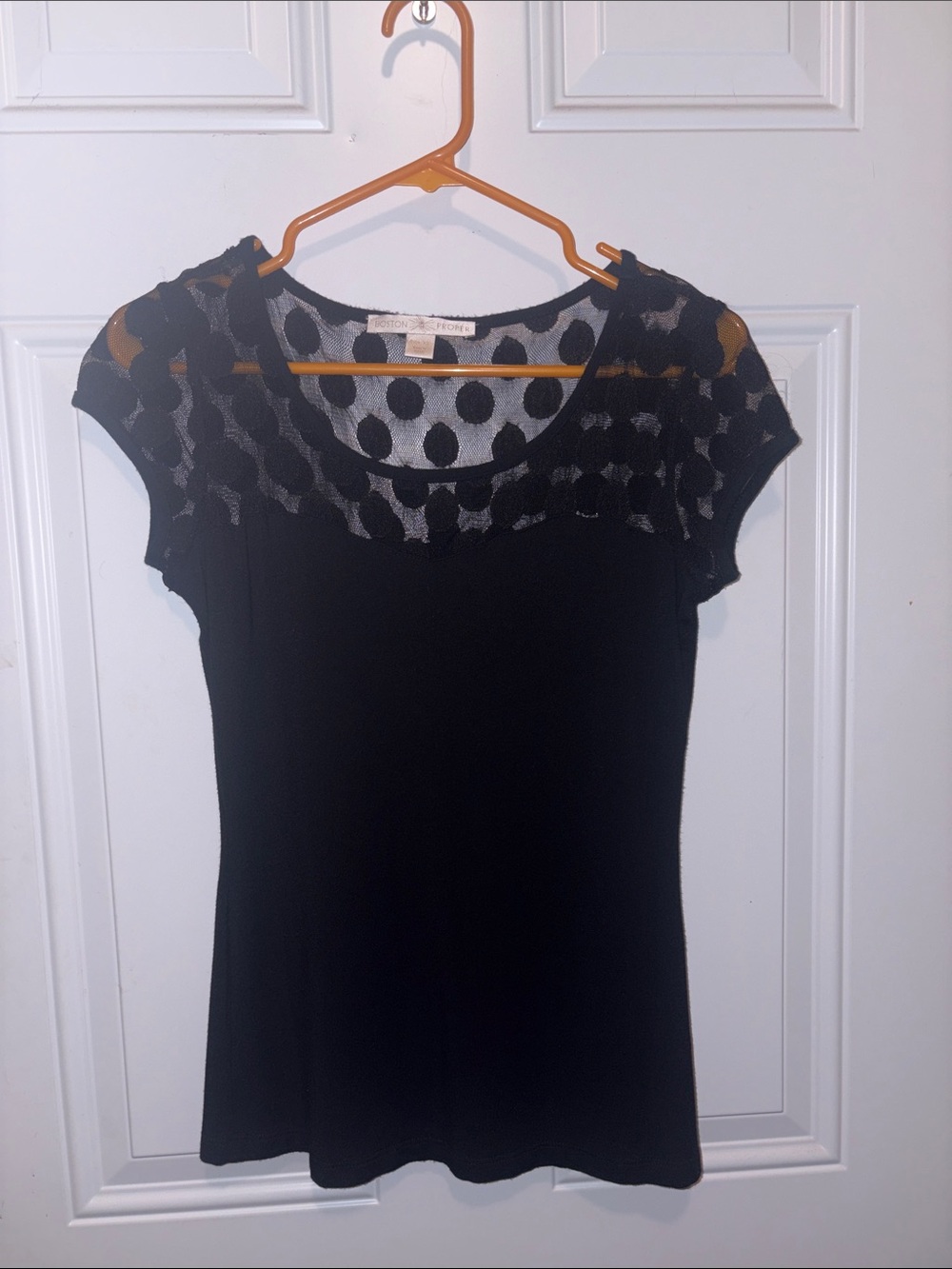 Boston Proper Black Short Sleeve Top with Sheer Polka Dot Yoke